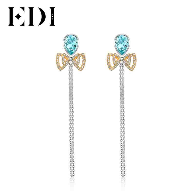 Sky Blue Natural Topaz Woman 925 Sterling Silver Bowknot Earrings Tassels Drop Long Earring For Women Female Fine Jewelry