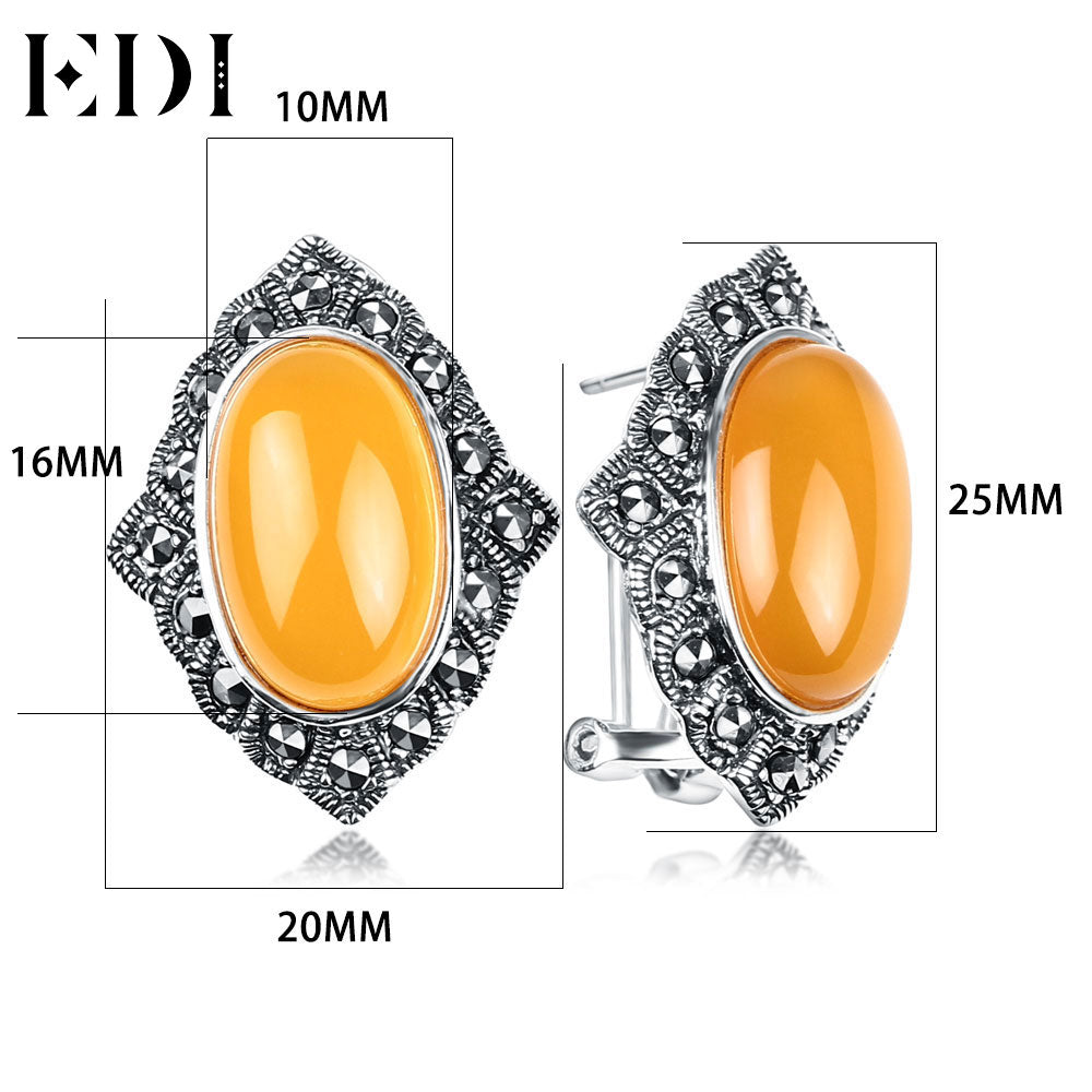 Trendy 925 SterlingThai Silver Lace Stud Earrings Chalcedony Red Garnet Vintage Pendientes Earring For Women Fine Jewelry