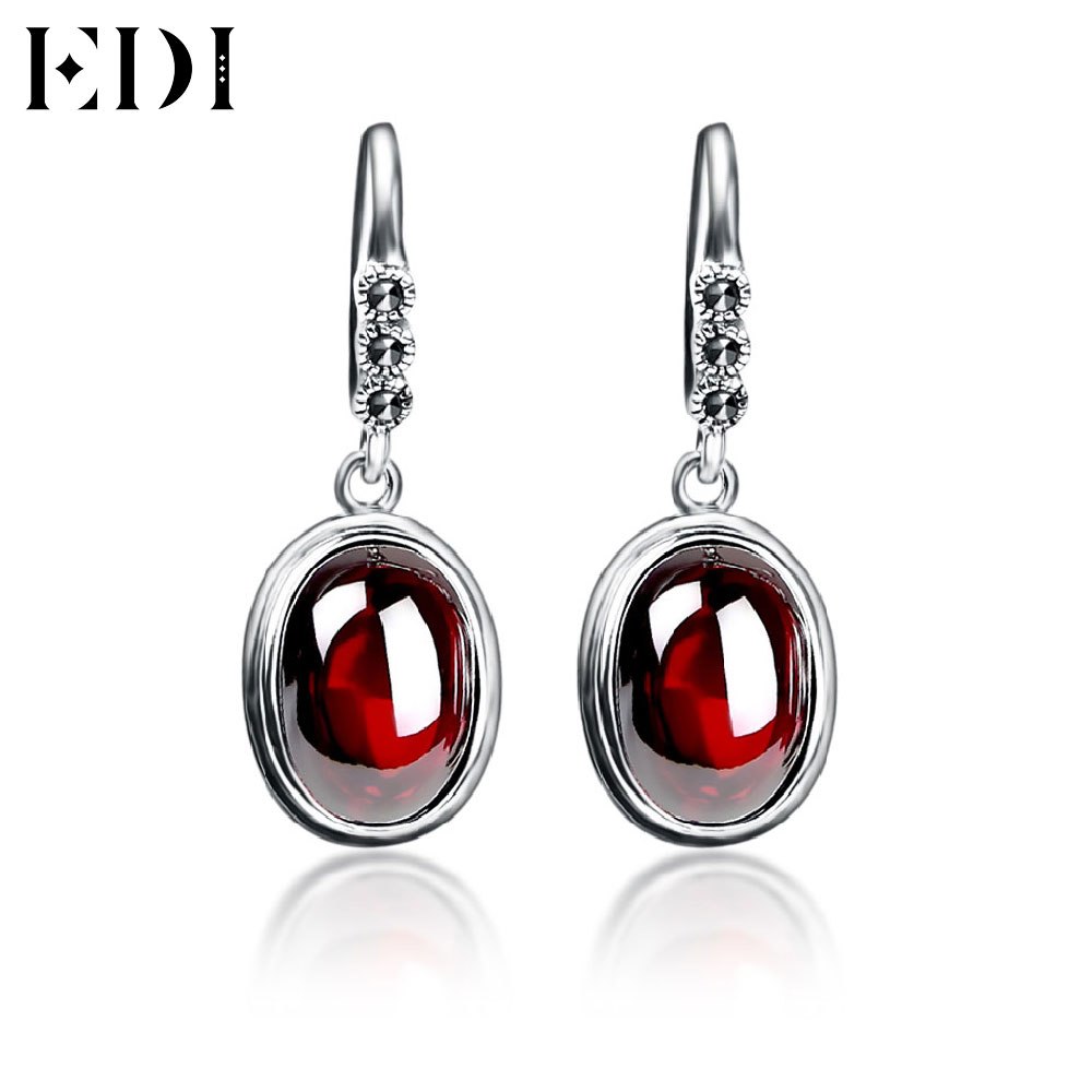 Trendy Women Vintage 925-Sterling-Silver Dangle Earrings Blue Precious Stone Drop Oval Luxury Thai Silver Earring EH100L