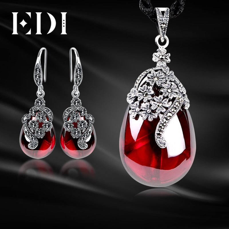 Vintage Garnet 925 Sterling Silver Drop Earrings Gemstone Pendant Necklace For Women Jewelry Sets