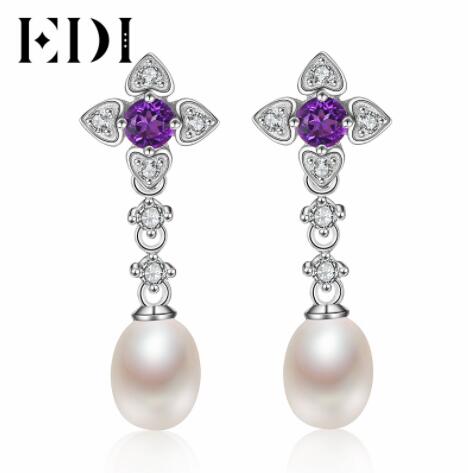 Woman 925 Sterling Silver Trendy Flower Natural Pearls Earrings Crystal Drop Statement Earring For Women Wedding