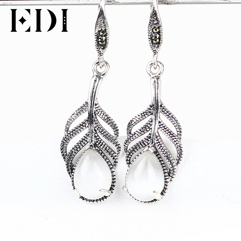 Woman Leaf 925 Sterling Thai Silver Dangle Earring Vintage Agate Natural Stone Drop Earrings For Women Fine Jewelry Party