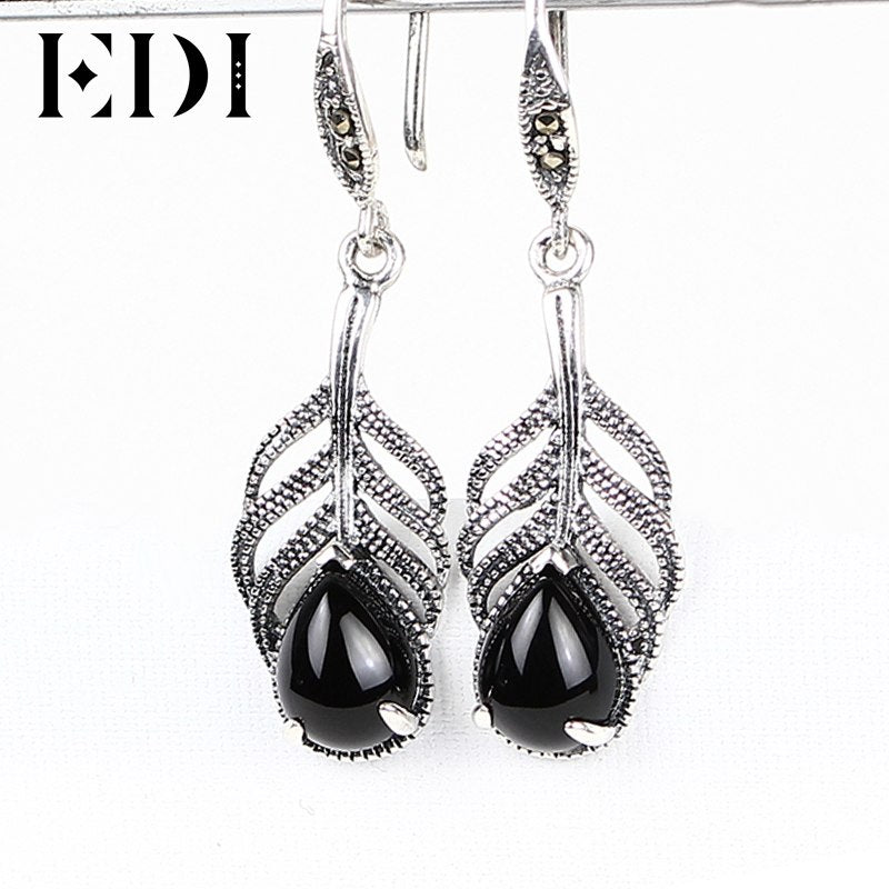 Woman Leaf 925 Sterling Thai Silver Dangle Earring Vintage Agate Natural Stone Drop Earrings For Women Fine Jewelry Party
