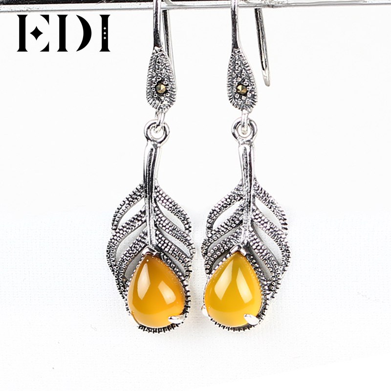 Woman Leaf 925 Sterling Thai Silver Dangle Earring Vintage Agate Natural Stone Drop Earrings For Women Fine Jewelry Party