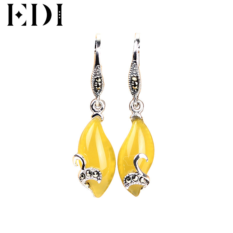 Woman Vintage 925 Sterling Thai Silver Garnet Drop Earring Chalcedony Gems Long Dangle Charm Earrings Fine Jewelry For Women