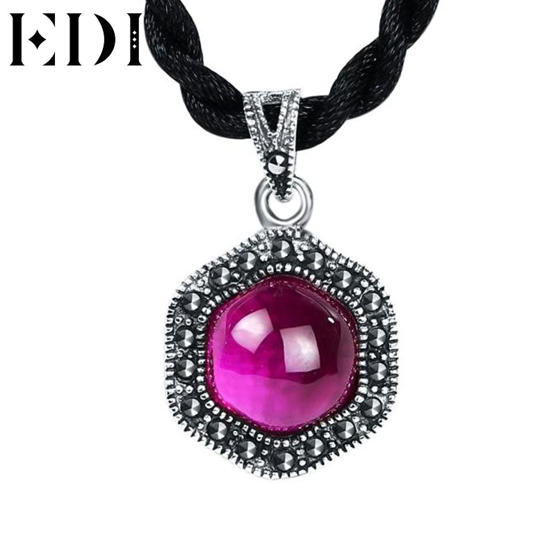 Woman Vintage 925 Sterling Thai Silver Round Garnet Ruby Pendant Necklaces Rope Chain Handmade Necklace For Women Jewelry