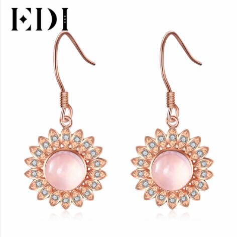 Women 925 Sterling Silver Flower Earring Luxury 3CT Rose Quartz Drop Earring Statement Crystal Fashion Party Jewelry