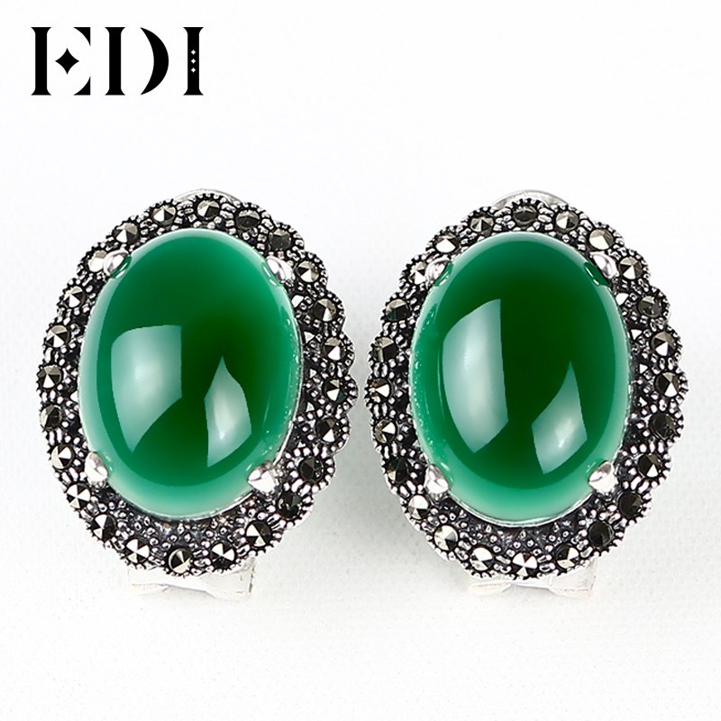 Women Chalcedony 925 Sterling Thai Silver Agate Earrings Vintage Elegant Earrings Clip Type Stud Earring National For Women