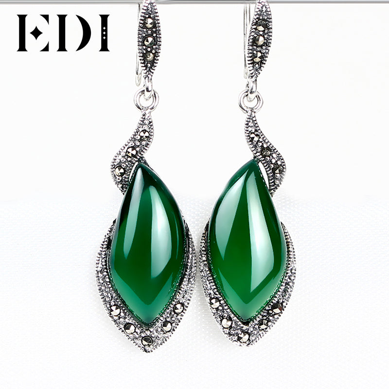 Women Vintage 925 Sterling Thai Silver Garnet Drop Earring Green/Red Chalcedony Gems Long Retr Charm Fine Jewelry EH017S
