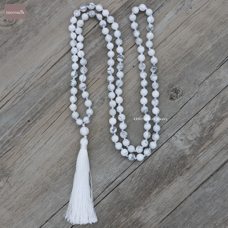 Fashion Long White Tassels 108 Beads Necklace For Women With Howlite Beads Popular Handmade Mala Necklace Jewelry