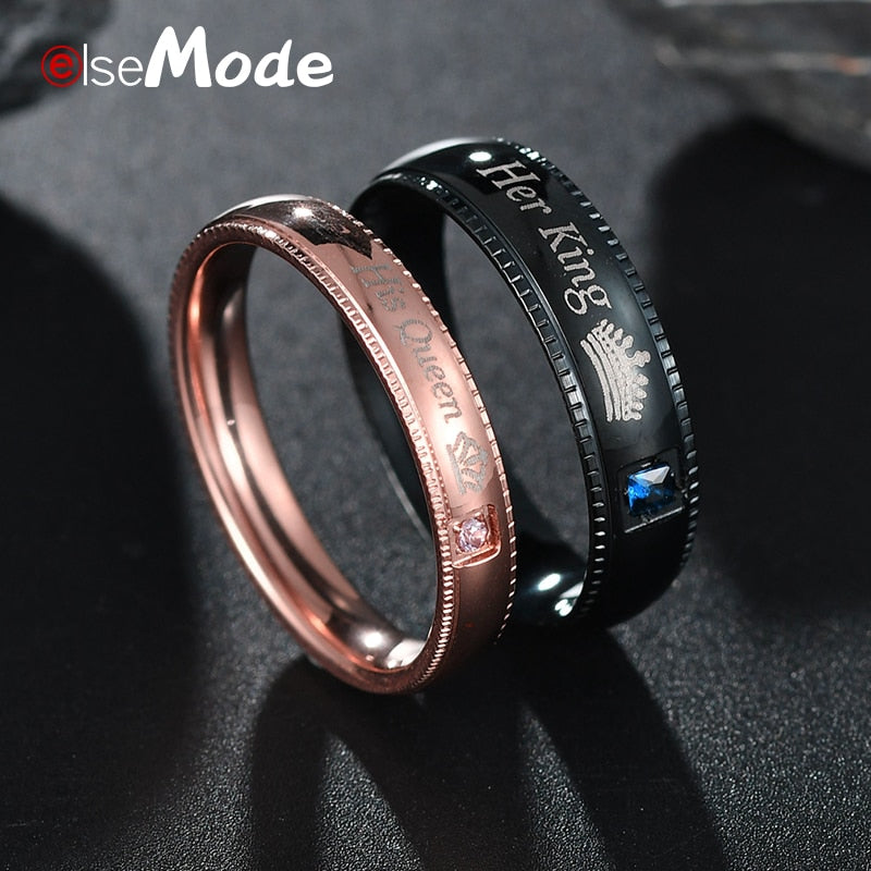 Romantic CZ Stone His Queen Her King Letter Wedding Engagement Rings for Men Women Lover Couples Jewelry