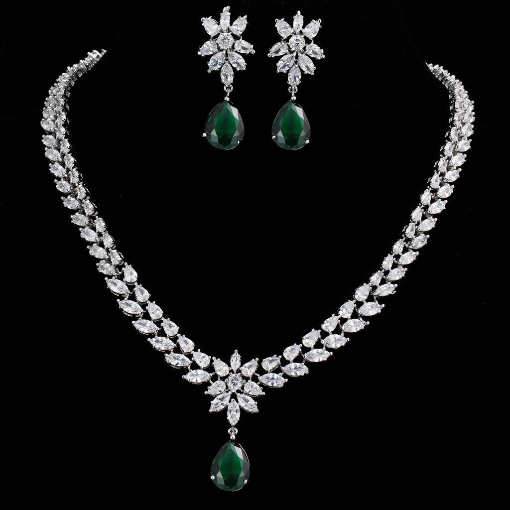 EMMAYA Romantic Trendy Set Jewelry Flower Design Water Drop CZ Wedding Jewelry Sets For Brides Silver-color Jewelry