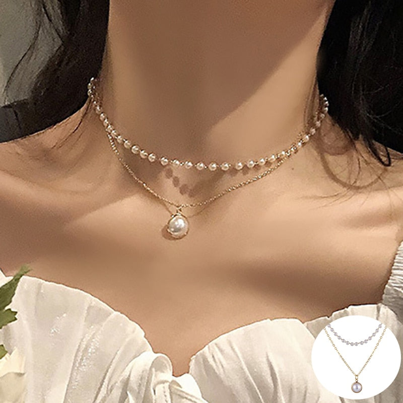EN 2021 Double Layer Chain Gold Choker Necklace Women Korean Style Pearl Pendant Necklace Jewelry Collar Gifts Party