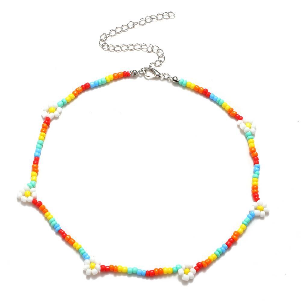 EN 2021 Korea Lovely Daisy Flowers Colorful Beaded Charm Statement Short Choker Necklace for Women Vacation Jewelry