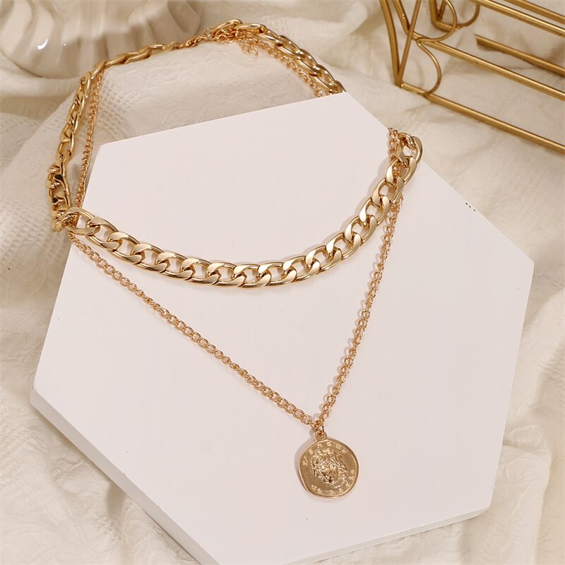 EN Punk Layered Chain Necklace Neck Chains for Women Vintage Exaggerated Golden Goth Hoop Metal Necklace 2021 Clavicle Jewelry