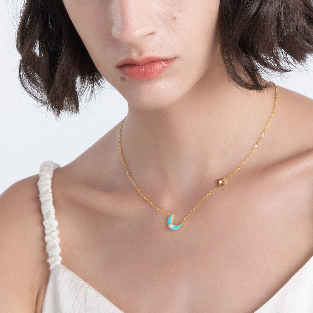 ENBlue Moon Necklace For Women Stainless Steel Jewelry Gold Color Fine Pendant Necklace 2021 Beach Collier P3207