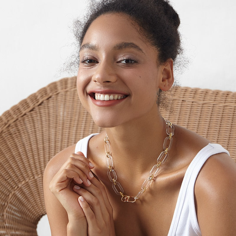 EN Oval Resin Chunky Necklace Women Gold Color Stainless Steel Big Chain Choker 2021 Party  Jewelry Collar P203121