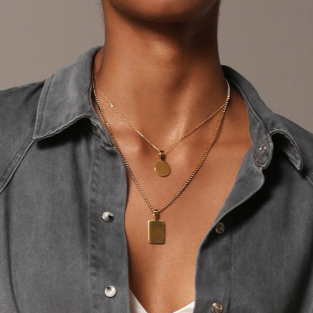 ENPersonalized Engraved Name Necklace Stainless Steel Circle Square Pendant Necklaces For Couples Jewelry Custom PB3010