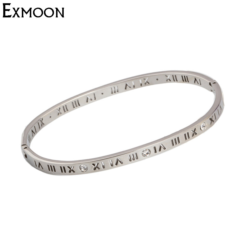 EX-MOON Women Titanium Steel roman numerals Crystal Bangle Bracelets Female Gold-Color Cuff Love Bracelet Fine Jewelry Pulseras