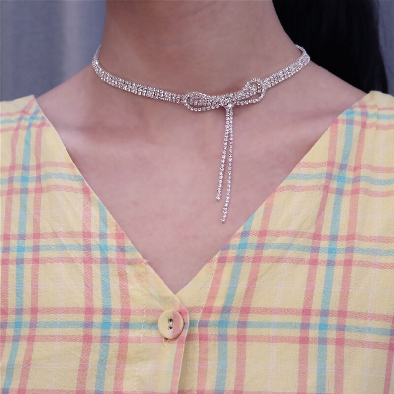 EXCITED ZIRCON Bowknot Crystal Choker Necklaces for Women Long Tassel Rhinestone Necklaces Weddings Jewelry Party Gifts