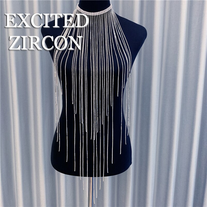 EXCTED ZIRCON  Woman Sexy Tassel Body Chain Chest Chain bling Rhinestone Crystal Jewelry Necklace Party Prom Gift