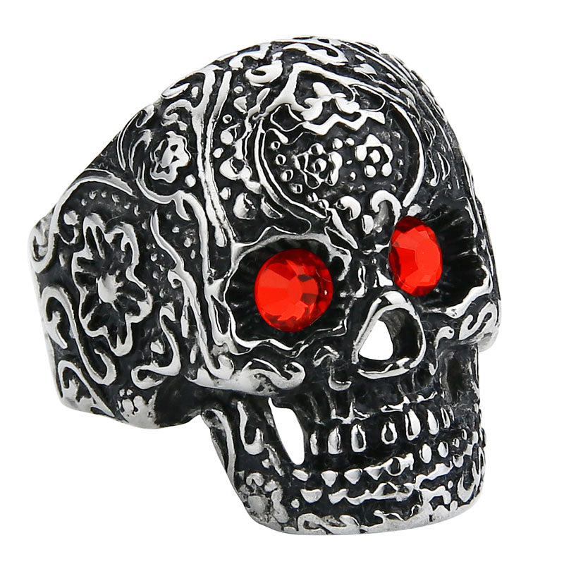Anel Masculino Punk Vintage Trend Men's Ring Gothic Men's Skull Flower Red/Blue Eyes Biker Satinless Steel Ring