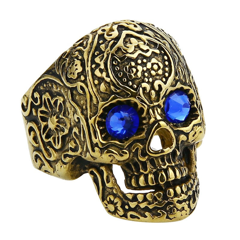Anel Masculino Punk Vintage Trend Men's Ring Gothic Men's Skull Flower Red/Blue Eyes Biker Satinless Steel Ring