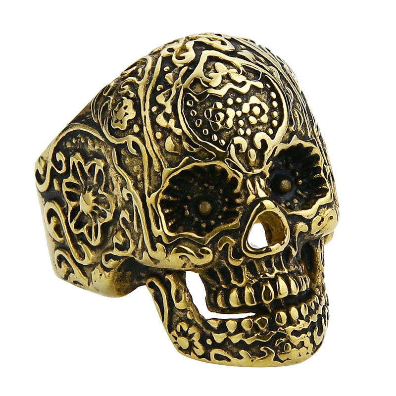 Anel Masculino Punk Vintage Trend Men's Ring Gothic Men's Skull Flower Red/Blue Eyes Biker Satinless Steel Ring