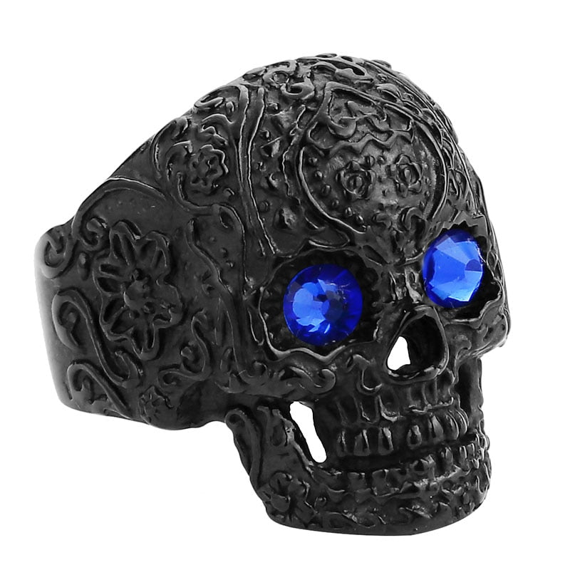 Anel Masculino Punk Vintage Trend Men's Ring Gothic Men's Skull Flower Red/Blue Eyes Biker Satinless Steel Ring