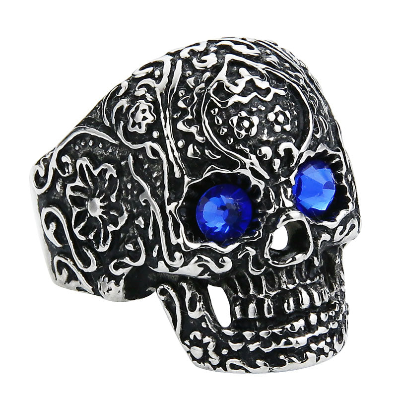 Anel Masculino Punk Vintage Trend Men's Ring Gothic Men's Skull Flower Red/Blue Eyes Biker Satinless Steel Ring