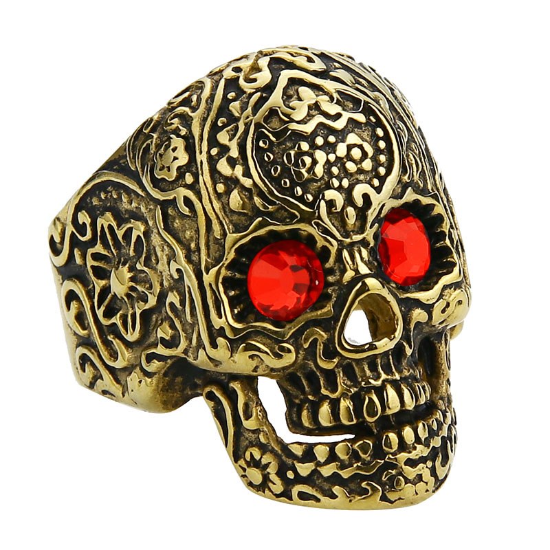Anel Masculino Punk Vintage Trend Men's Ring Gothic Men's Skull Flower Red/Blue Eyes Biker Satinless Steel Ring