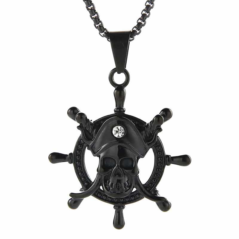 Punk Biker Titanium Stainless Steel Rudder Skull Pirate Pendants Necklaces for Men Jewelry 55cm Box Chain