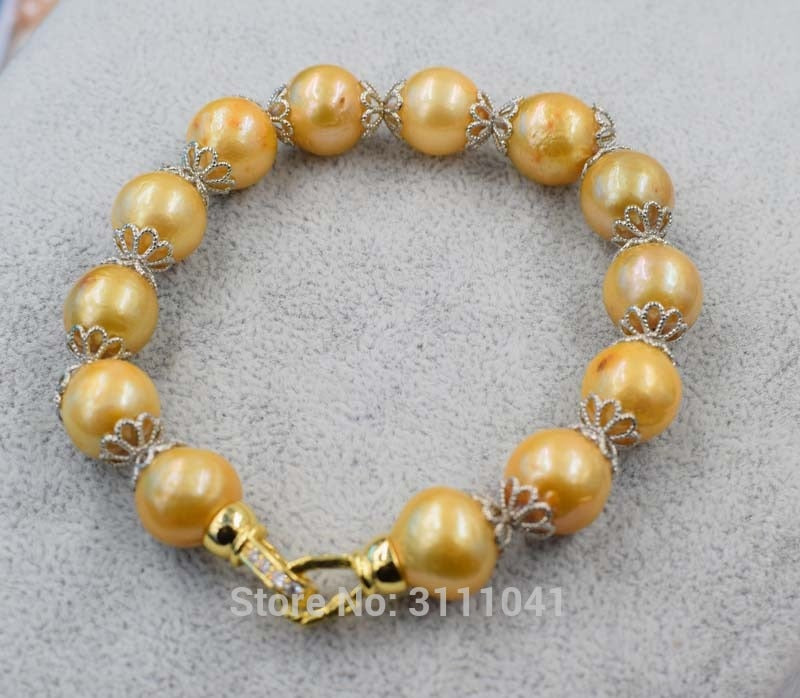 Edsion pearl yellow near round 11-13mm bracelet 8inch   beads nature