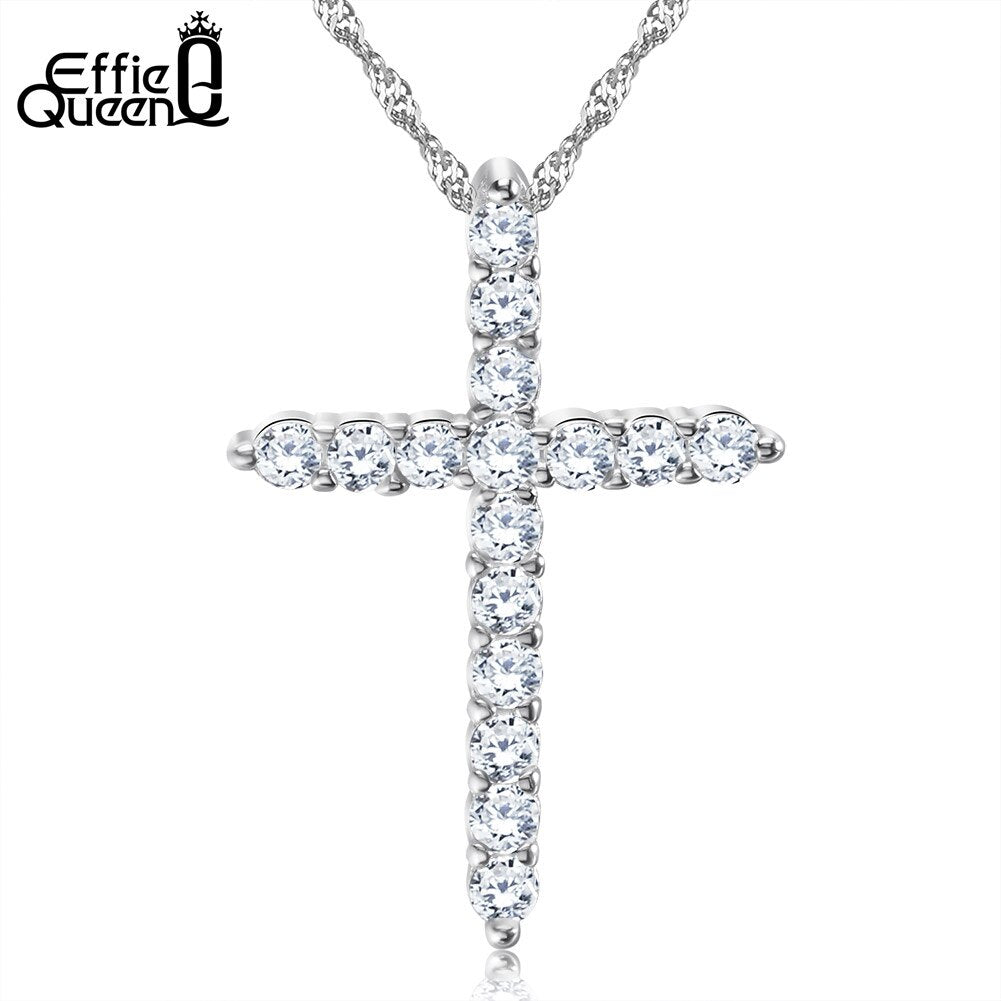 Effie Queen Cross Pendant Necklace Silver Color for Women's Clothing &amp; Accessories Crystal Necklace Jewelry Gift WN56