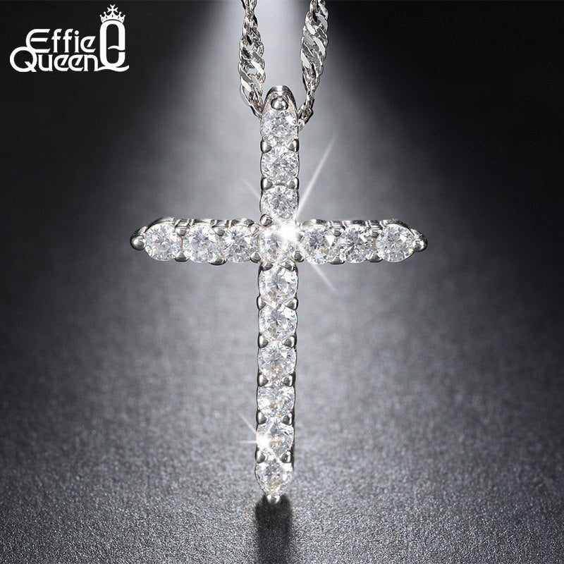 Effie Queen Cross Pendant Necklace Silver Color for Women's Clothing &amp; Accessories Crystal Necklace Jewelry Gift WN56