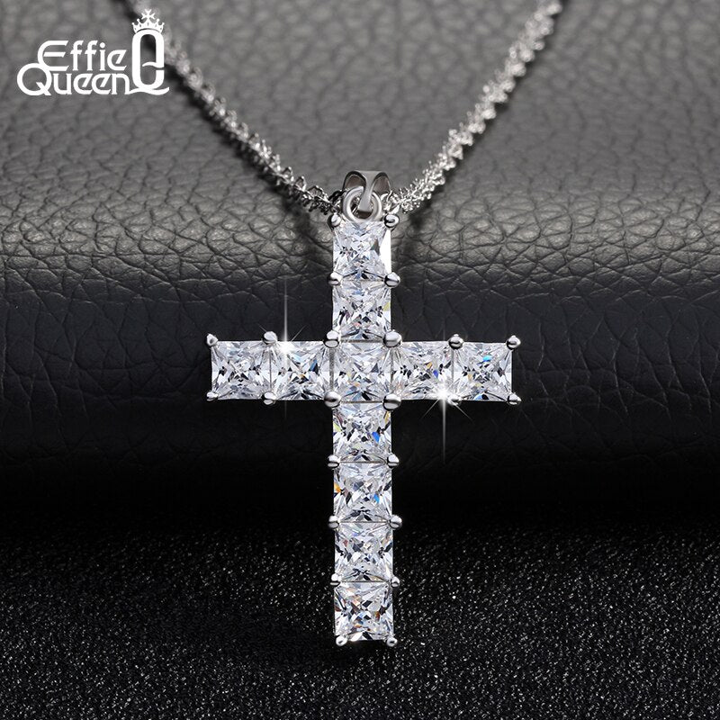 Effie Queen Cross Pendant Necklace Silver Color for Women's Clothing &amp; Accessories Crystal Necklace Jewelry Gift WN56