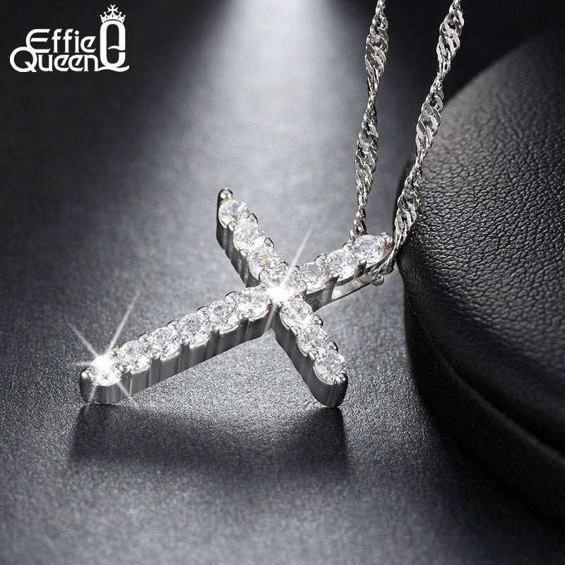 Effie Queen Cross Pendant Necklace Silver Color for Women's Clothing &amp; Accessories Crystal Necklace Jewelry Gift WN56