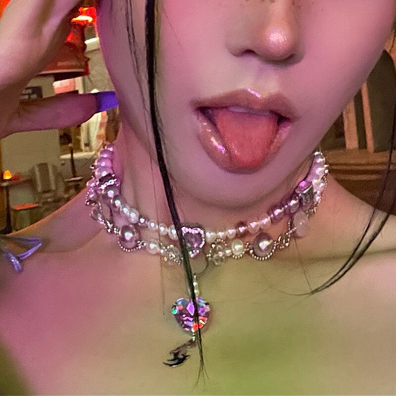 Egirl Vintage Purple Heart Pearl Crystal Totem Pendant Choker Necklaces for Women Harajuku 2021 Trend Chains Choker Y2K Jewelry