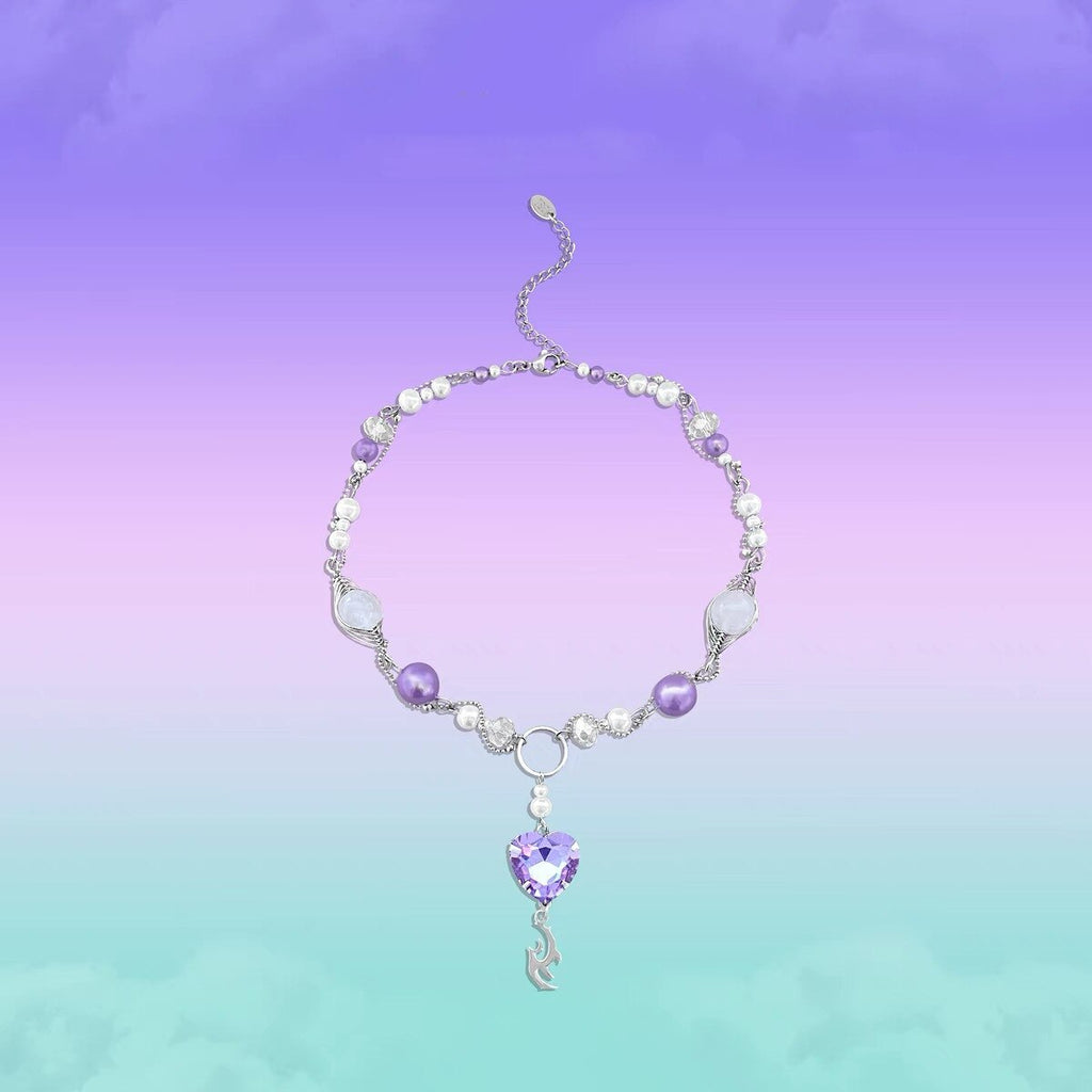 Egirl Vintage Purple Heart Pearl Crystal Totem Pendant Choker Necklaces for Women Harajuku 2021 Trend Chains Choker Y2K Jewelry