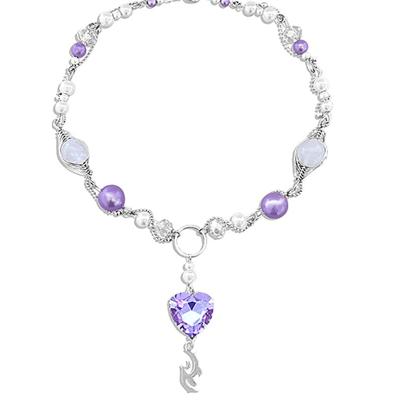 Egirl Vintage Purple Heart Pearl Crystal Totem Pendant Choker Necklaces for Women Harajuku 2021 Trend Chains Choker Y2K Jewelry
