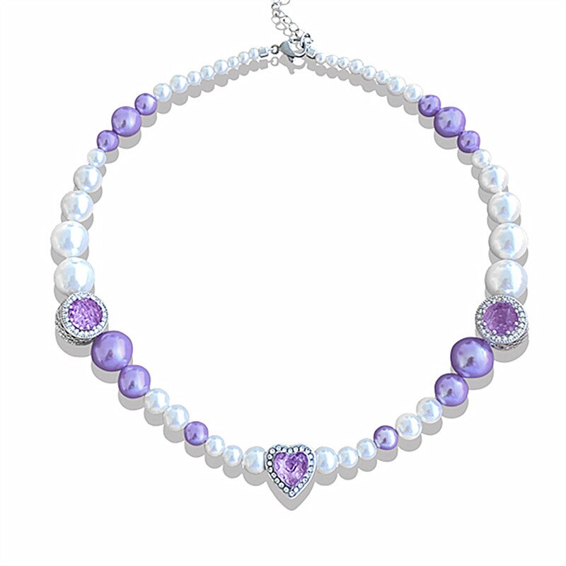 Egirl Vintage Purple Heart Pearl Crystal Totem Pendant Choker Necklaces for Women Harajuku 2021 Trend Chains Choker Y2K Jewelry