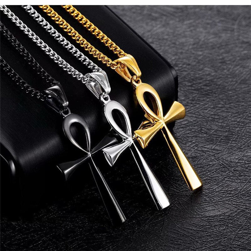 Egypt Ankh Cross Pendant Necklace For Women Men Key of Life Stainless Steel Egyptian Chain Necklace Hip Hop Jewelry