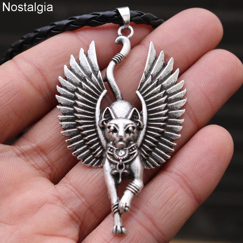 Egypt Cat Angel Wings Bastet Ethnic Cat Jewelry Male Necklace WICCA Pagan Talisman Egyptian Sphinx Jwelry For Women Men Amulet