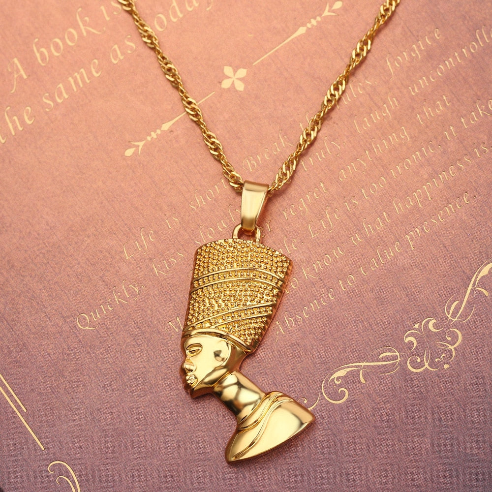 Egyptian Queen Nefertiti Pendant Necklace Stainless Steel Gold Silver Color Women Men African Egyptian Hiphop Jewellery Gift