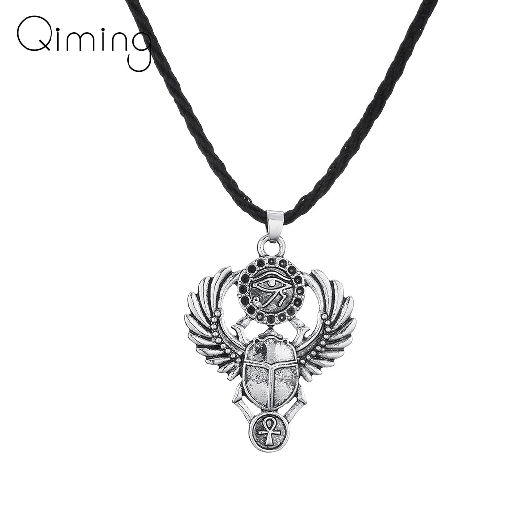 Egyptian Scarab Beetle Men Necklace Vintage Egyptian Silver Amulet Evil Eyes Ankh Pendant Necklace Egypt Jewelry
