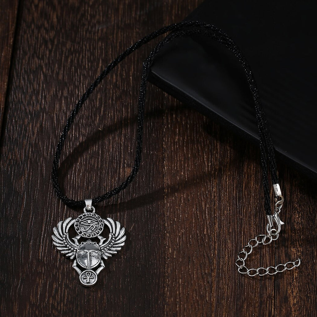 Egyptian Scarab Beetle Men Necklace Vintage Egyptian Silver Amulet Evil Eyes Ankh Pendant Necklace Egypt Jewelry