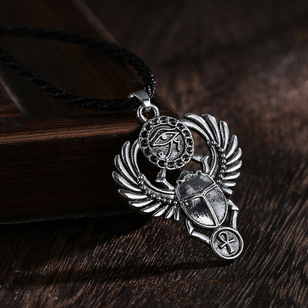Egyptian Scarab Beetle Men Necklace Vintage Egyptian Silver Amulet Evil Eyes Ankh Pendant Necklace Egypt Jewelry