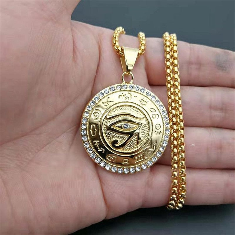 Egyptian The Eye of Horus Pendant Necklace For Women/Men Gold Color Stainless Steel Evil Eyes Necklace Egypt Round Jewelry