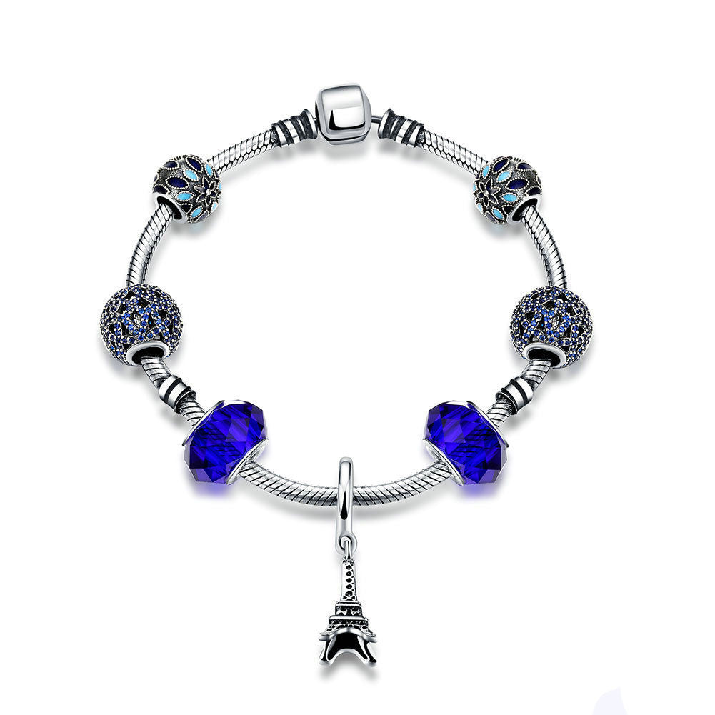 Eiffel Tower Blue Crystal Ball CZ 925 Silver Bracelet