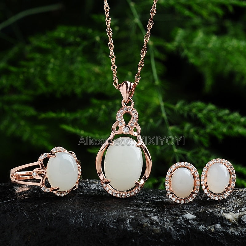 Elegant 925 Silver Natural White HeTian Jade Beads Inl Gem Hollow Lucky Pendant Necklace Earring Ring Woman's Fine Jewelry Set